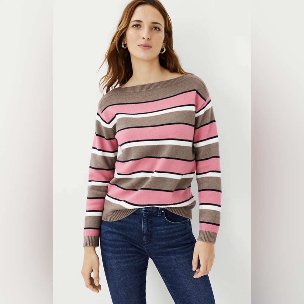 Ann Taylor Boatneck Striped Sweater XL Extra Large Pink Brown White